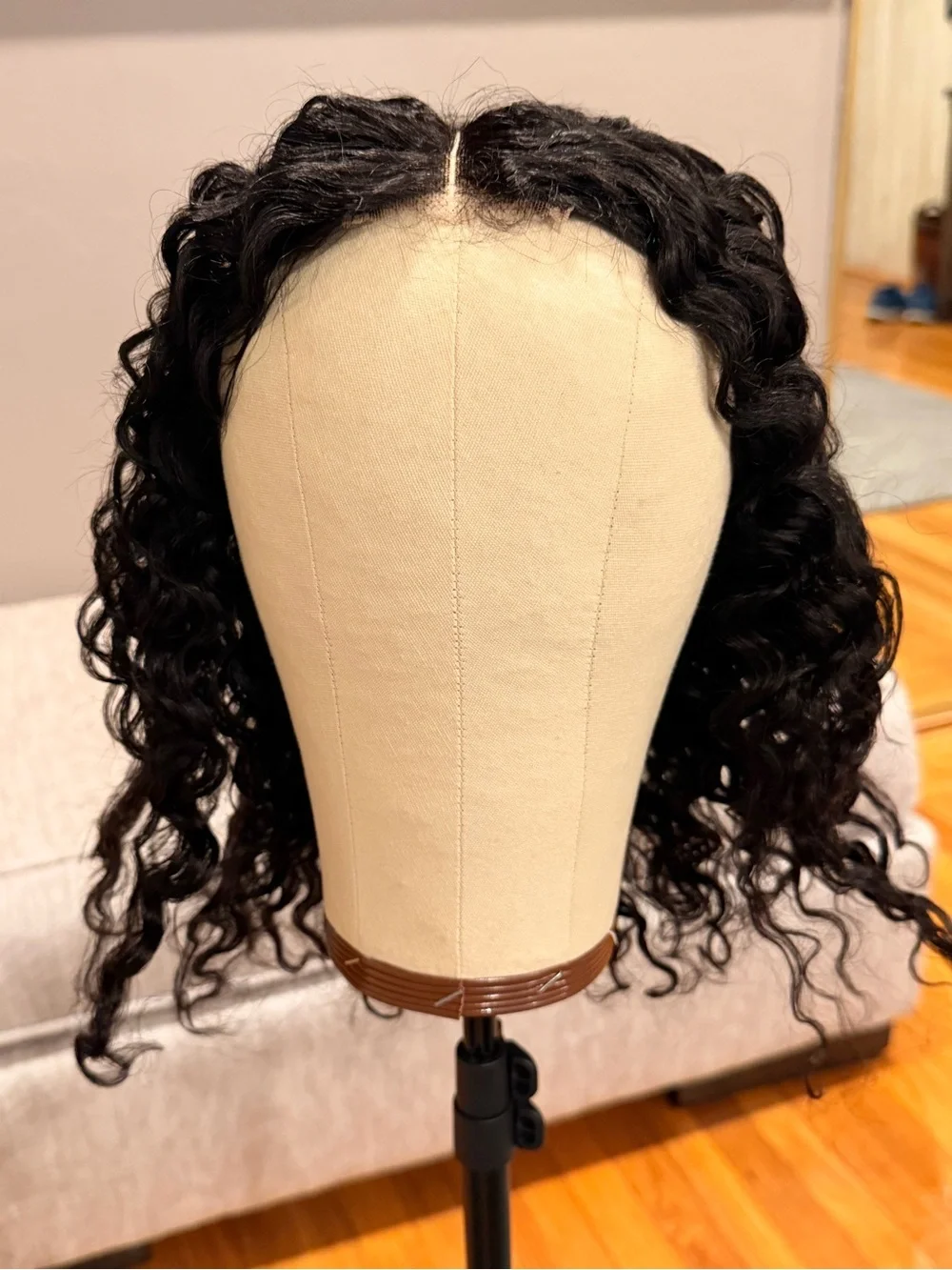 16” Natural Black Water Wave Human Hair Bob Wig 2x6 HD Lace Front 200% Den #231